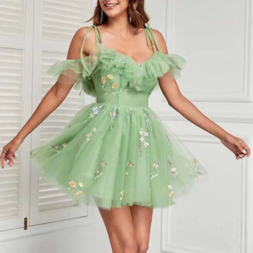 Sage Green Floral Embroidered Tulle Dress Size 10 Like New